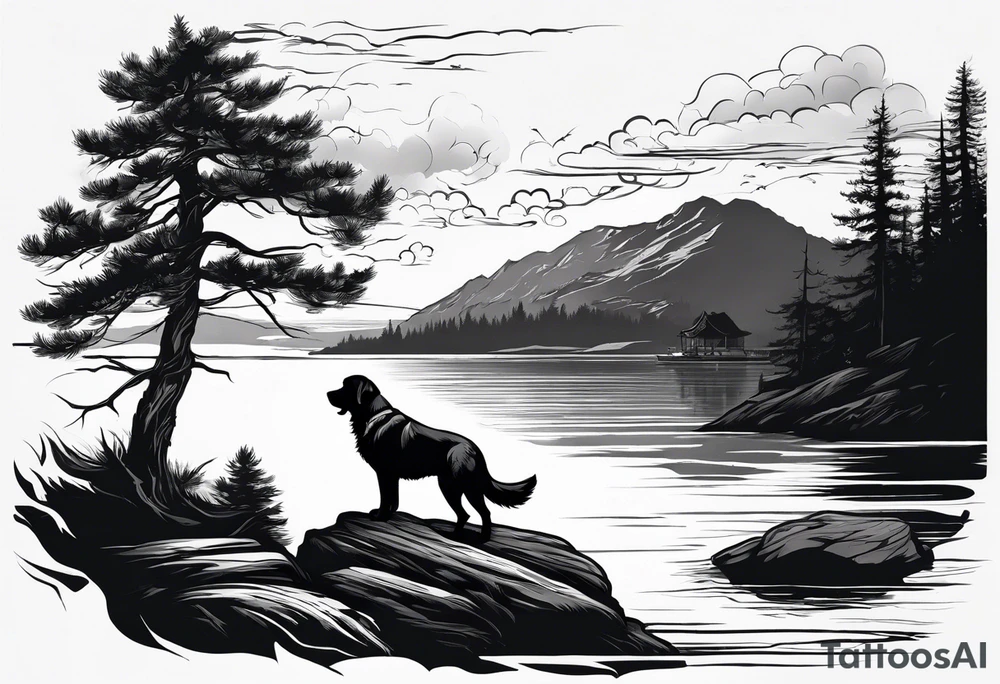 Sleeve tattoo windswept pine tree before lake with low cliff face on another side of lake. Mastiff silhouette in the foreground. with a dock coming out from the shore tattoo idea