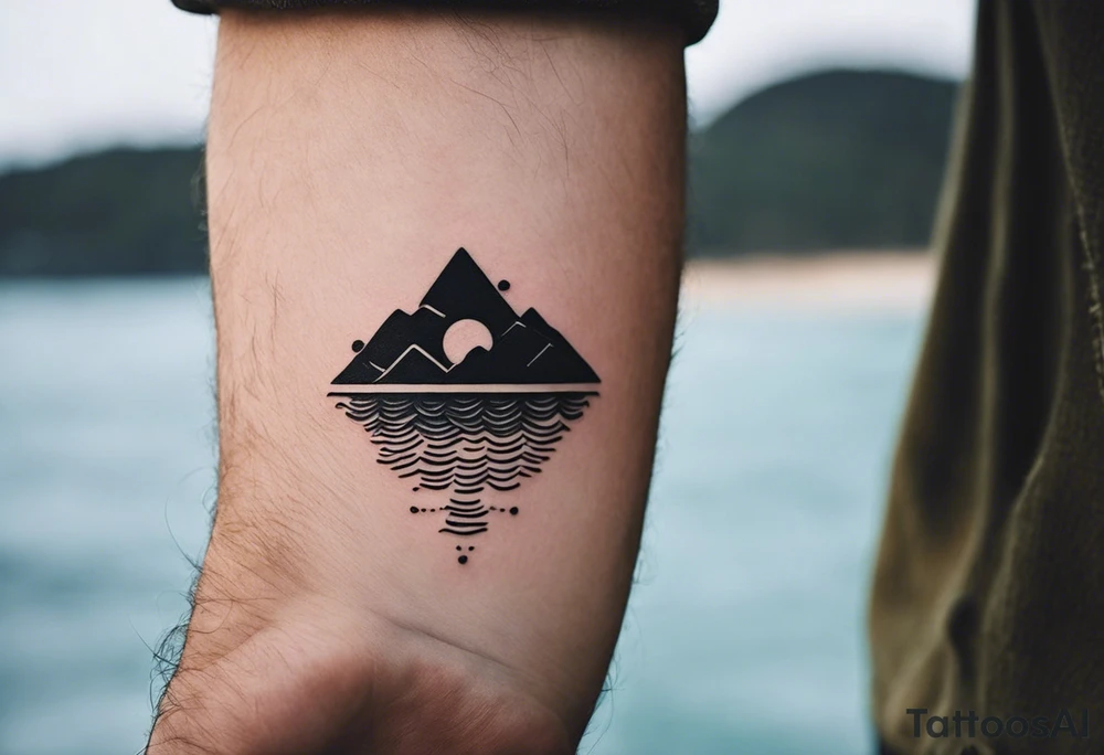 This is an extremely simple and minimalistic tattoo on male forearm. It has no color. The tattoo is flipped 180 degrees and covers the forearm lengthwise and is not tall and not round. From the perspective of being on the ocean, Water is calm, with no waves in sight, the sun is setting behind the ocean, reflecting light onto the ocean. tattoo idea