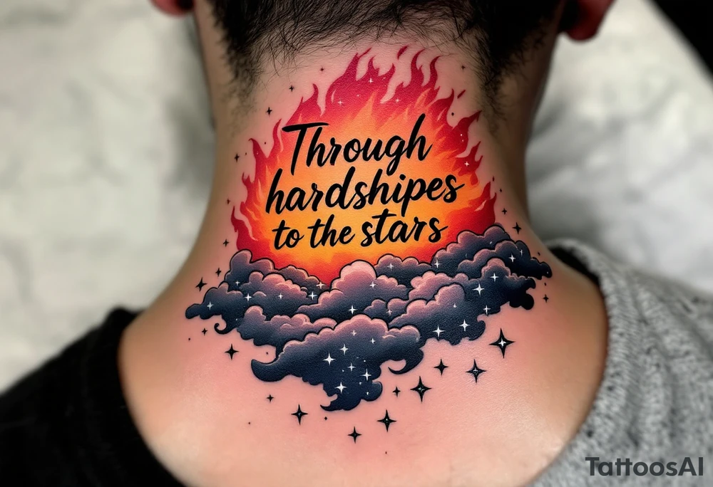 Inked in a burning gradient from red to orange, the quote “Through hardships to the stars” rises over storm clouds into twinkling silver stars. tattoo idea
