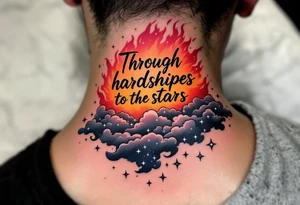 Inked in a burning gradient from red to orange, the quote “Through hardships to the stars” rises over storm clouds into twinkling silver stars. tattoo idea