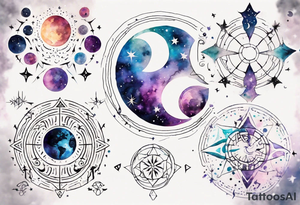 Shoulder to shoulder, moon phase,  across chest, tribal patterns, Cancer symbol, geometric swirls, mesmerizing watercolor splatter, stars, and galaxies, dreamy and otherworldly effect, solar system, astronomy tattoo idea