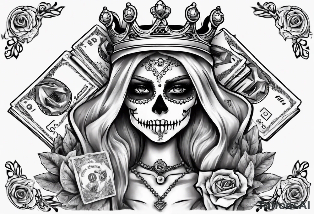 santa la muerta with money and crown
on the card tattoo idea