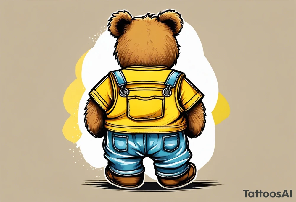 image of the back of a light brown teddy bear standing in yellow overalls, striped tank top and wearing boots tattoo idea