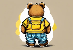 image of the back of a light brown teddy bear standing in yellow overalls, striped tank top and wearing boots tattoo idea