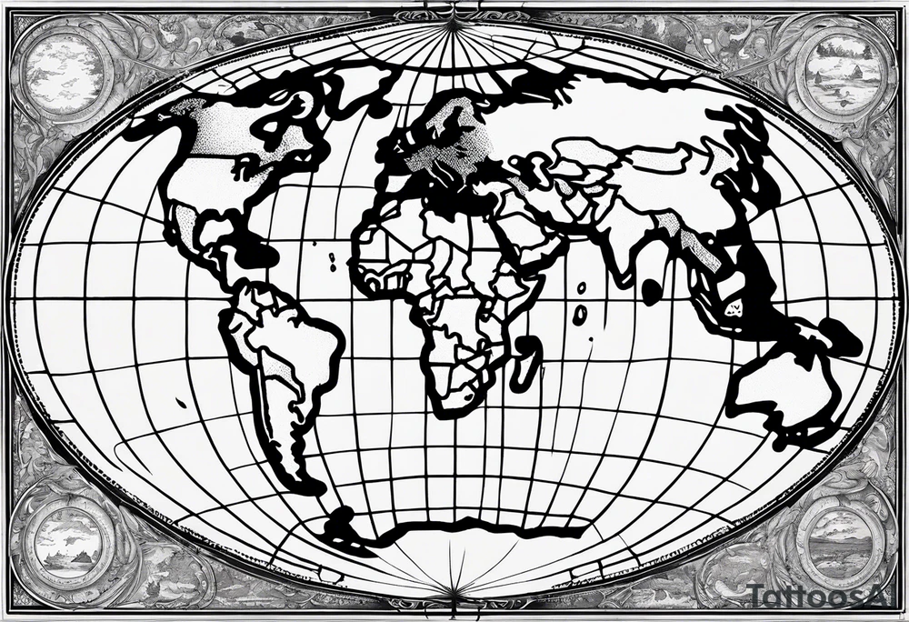 the earth on a flat map with no shading placed on a grid with only the lines with accurate depictions of the borders in countries while having it in an oval/circular position on a grid without any borders on the sides while having the countries not have such bold borders tattoo idea