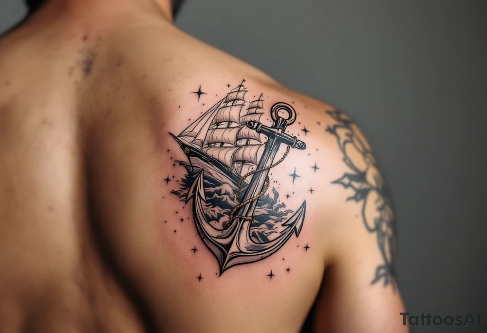 bold man with anchor and yacht
put on arm tattoo idea