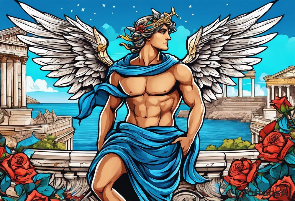 Cupio fly boy wings and a bow,, bacground sea ancient rome gods , blue roses frames tattoo idea
