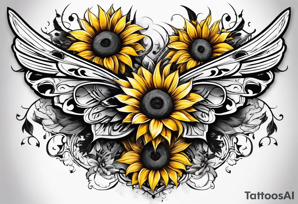 Winged cross with sunflower and butterflies tattoo idea
