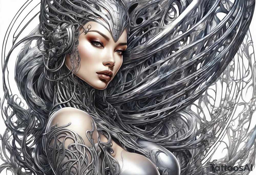 Hajime Sorayama type blended with HR Giger alien woman with vines tattoo idea