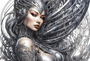 Hajime Sorayama type blended with HR Giger alien woman with vines tattoo idea