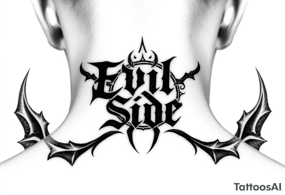 .saying Evil Side from ear to ear on front of neck. black and white . tattoo idea