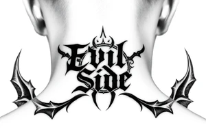 .saying Evil Side from ear to ear on front of neck. black and white . tattoo idea