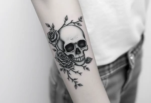 gothic skull intertwined with climbing roses and thorny vines tattoo idea