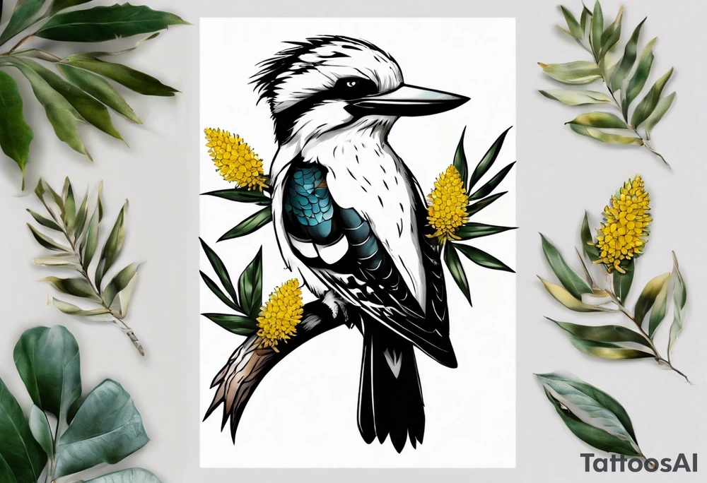Small kookaburra holding wattle leaves tattoo idea