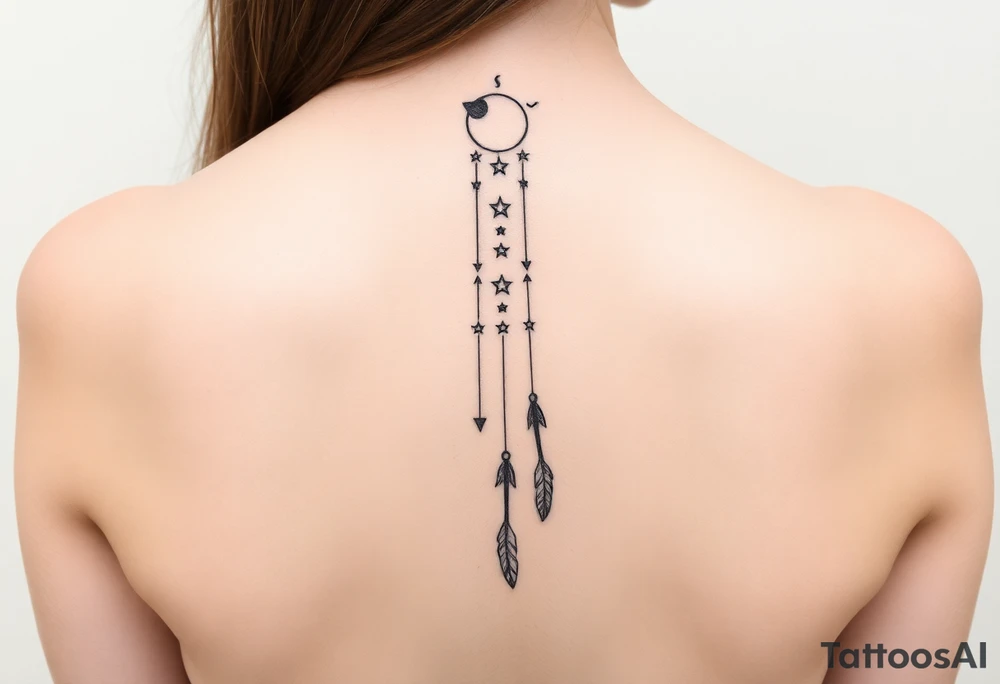 Narrow vertical memorial chain of symbols made of a moon, stars symbolizing loss, a brother and sister bond, and strength in a boho style following down the spine in with 3 vertical different lengths flowing lines made of a discreet connection of morse code ".--- .- --.     .-.. ... -.- .- .-.   -.. .. --.     .-.. .. .-.. .-.. . -... .-. --- .-. forming 3 arrow shapes connected to 3 flowing feathers hanging from the end of the morse code lines tattoo idea