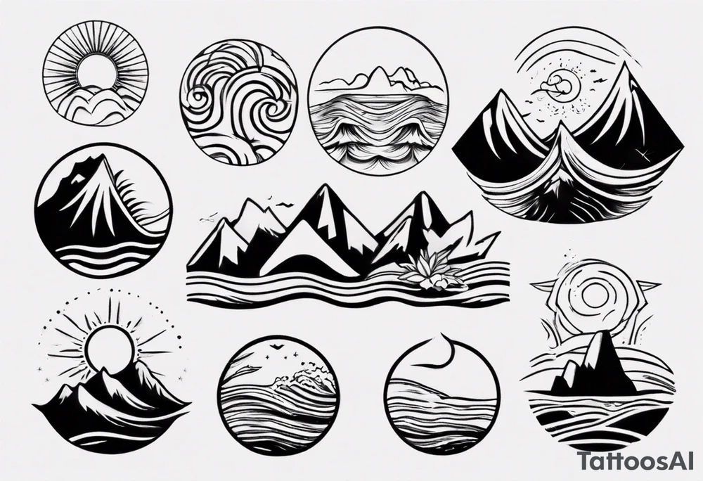 mountains, beach, waves, sun tattoo idea