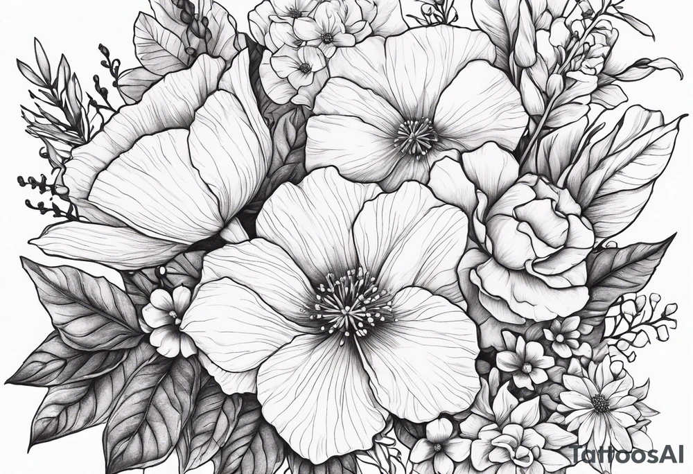 Floral Bouquet with blue hydrangea, Gladiolus, Poppy, Daisy, Sweet Pea, Narcissus, Poinsettia, and Holly with Asher & Emmersyn written in it tattoo idea