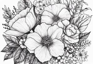 Floral Bouquet with blue hydrangea, Gladiolus, Poppy, Daisy, Sweet Pea, Narcissus, Poinsettia, and Holly with Asher & Emmersyn written in it tattoo idea