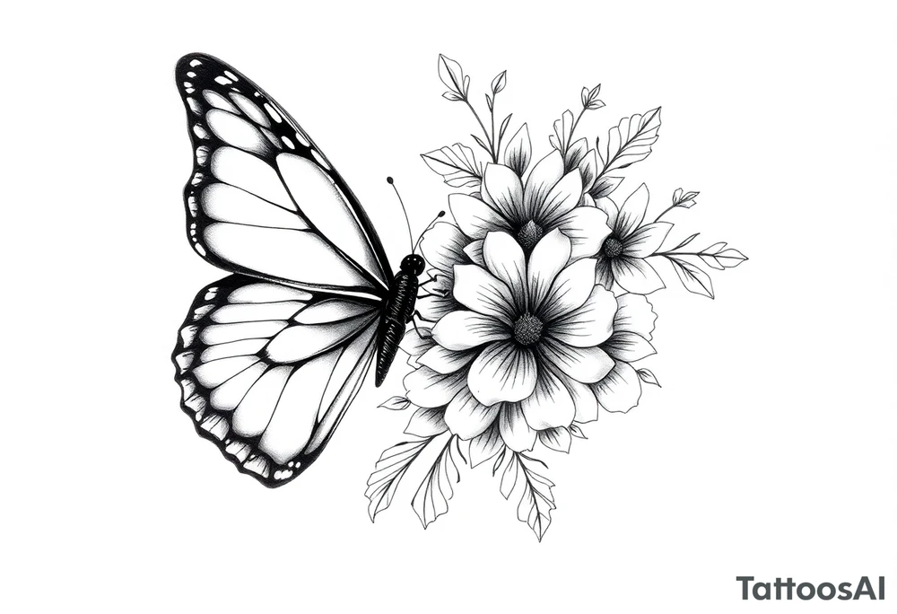 Butterfly left half real right half floral tattoo idea