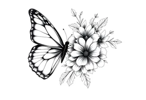 Butterfly left half real right half floral tattoo idea
