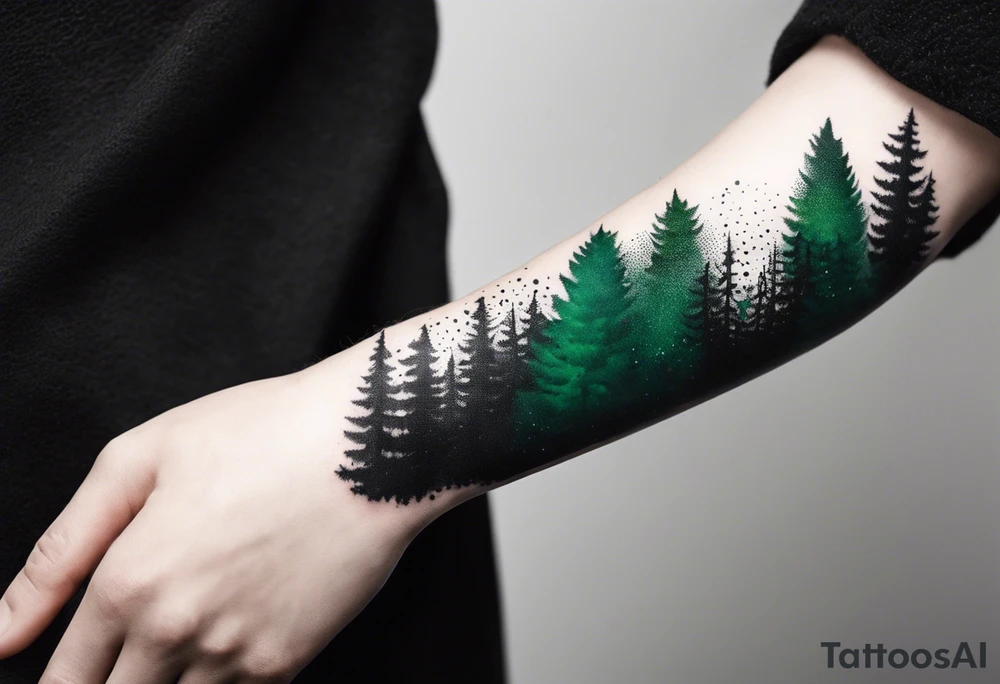 forest, green and black, covered from wrist to forearm, fully covered, no borders, blackwork tattoo idea