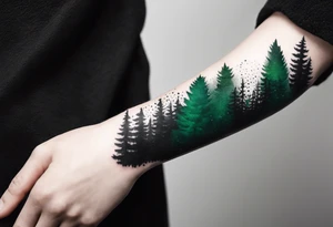 forest, green and black, covered from wrist to forearm, fully covered, no borders, blackwork tattoo idea