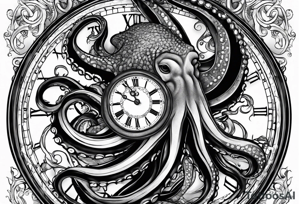 Forpocket watch wrapped under an aggressive octopus, lateral view tattoo idea