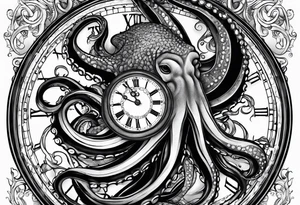Forpocket watch wrapped under an aggressive octopus, lateral view tattoo idea