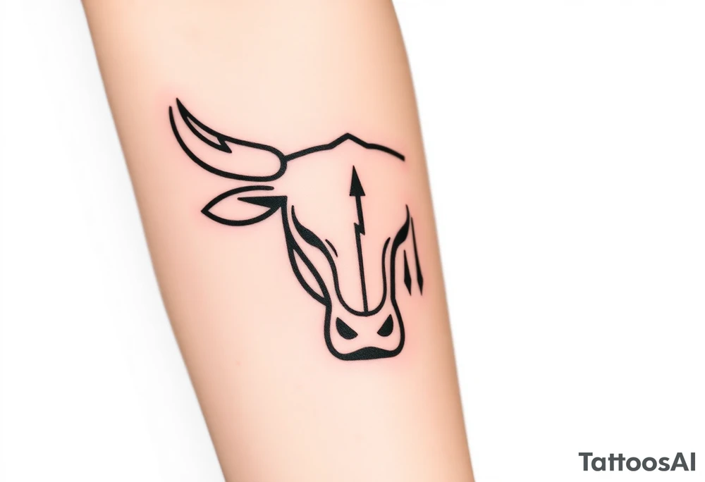 Create a minimalist black line tattoo of a bull’s head that transitions into an upward-trending candlestick stock chart. The design should have clean, fluid lines and combine the bull’s face and horns on the left, with the candlestick chart rising to the right, forming the shape of the bull’s jaw/neck. Keep the style simple and elegant, suitable for a forearm or upper arm tattoo.” tattoo idea