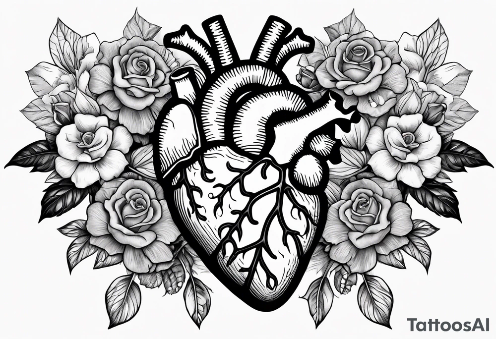 Anatomical heart with roses, violets, and daises coming out of the top of the head vessels with roots coming through the cracks to hold the heart together tattoo idea