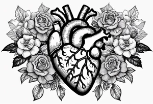 Anatomical heart with roses, violets, and daises coming out of the top of the head vessels with roots coming through the cracks to hold the heart together tattoo idea