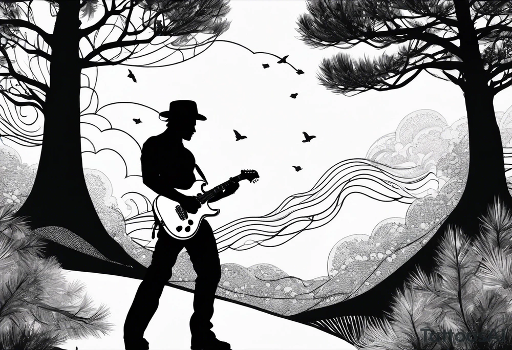 silhouette of a man standing under a pine tree playing electric guitar tattoo idea