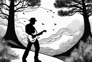 silhouette of a man standing under a pine tree playing electric guitar tattoo idea