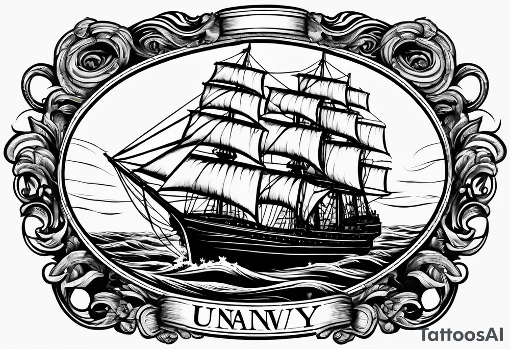 sailing ship in rough seas, front porfile, in oval with rope border, super imposed over crossed cannons, banner at bottom that says US Navy tattoo idea