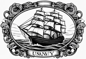sailing ship in rough seas, front porfile, in oval with rope border, super imposed over crossed cannons, banner at bottom that says US Navy tattoo idea
