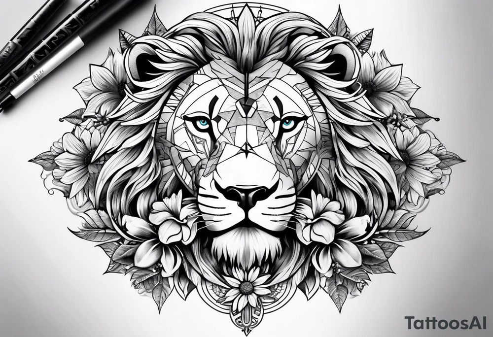Sleeve tattoo lions head, compass, topete, daisy flower tattoo idea