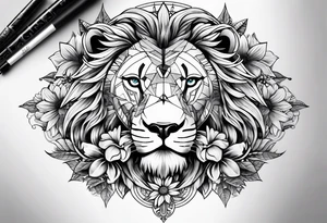 Sleeve tattoo lions head, compass, topete, daisy flower tattoo idea
