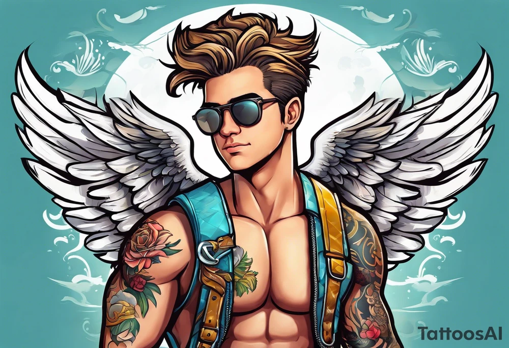 cupido  fly boy with wings, background sea tattoo idea
