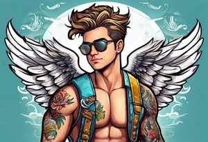 cupido  fly boy with wings, background sea tattoo idea