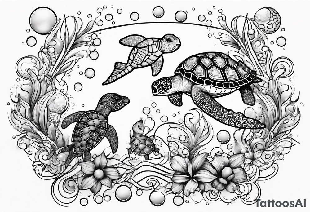 Small Starfish, Seahorse and turtle in a vertical line with bubbles tattoo idea