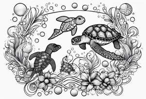 Small Starfish, Seahorse and turtle in a vertical line with bubbles tattoo idea