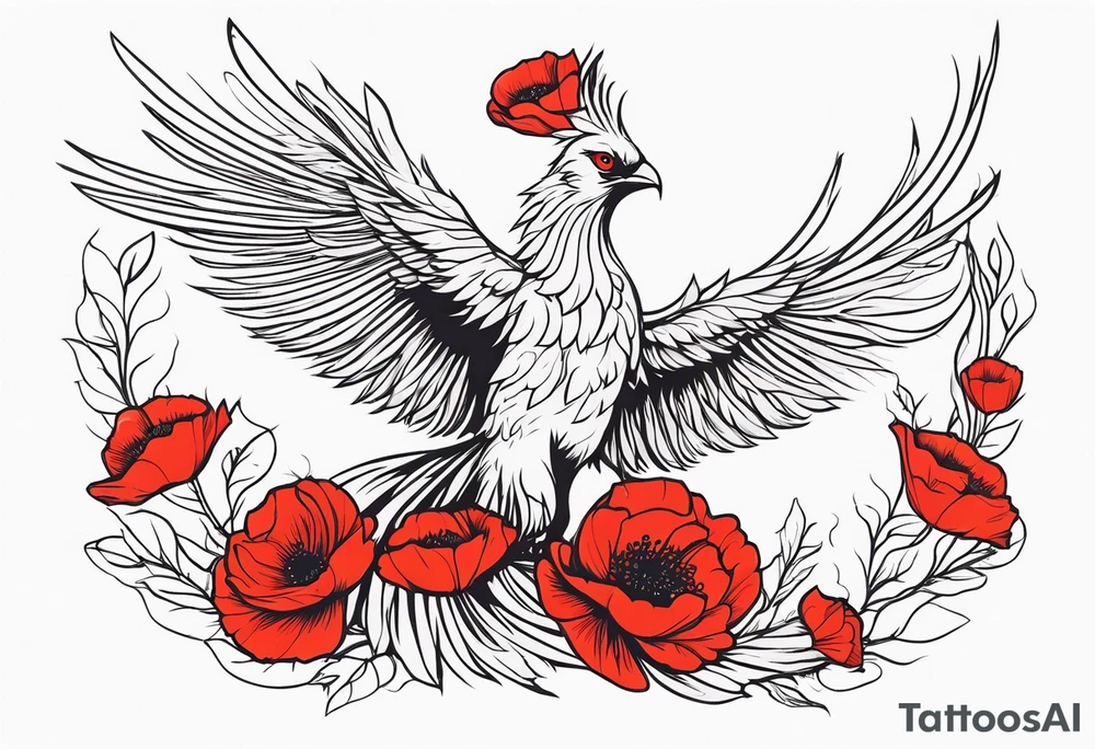 diving pheonix with long feathery tail holding red poppies tattoo idea