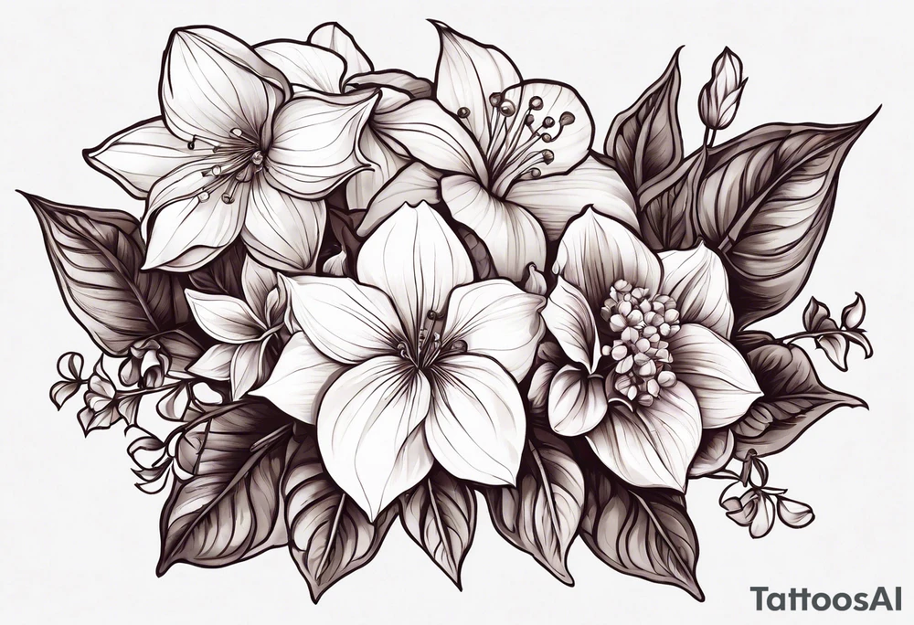 Hydrangea, Narcissus, Poinsettia, Holly, Gladiolus, Poppy, Daisy, Sweet Pea floral tattoo idea