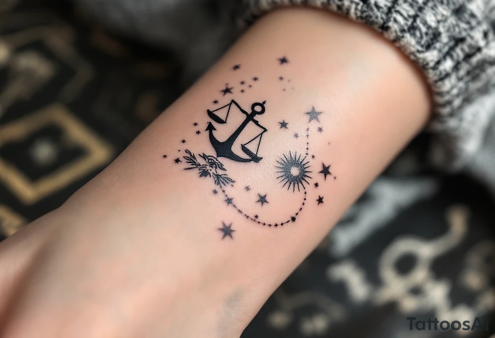 The Libra symbol in bold black anchors a silver-ink star path . tattoo idea