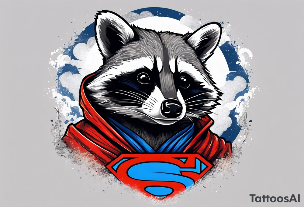raccoon wearing a Superman hoodie tattoo idea