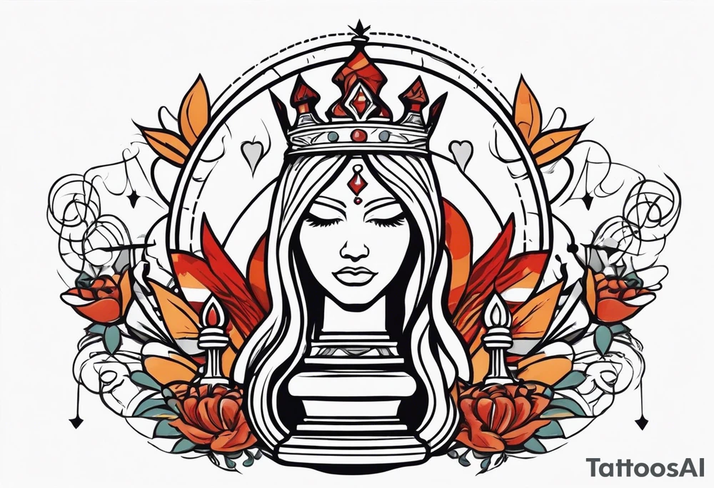 chess queen piece with two pawns on her side with spiritual motifs overhead tattoo idea