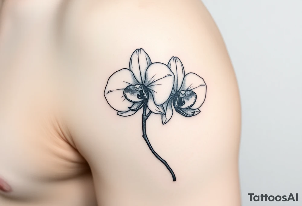 A delicate, black and white fine-line tattoo for make, featuring a gracefully detailed orchid stem with two flowers in full bloom, with soft, intricate petals and elegant curves tattoo idea