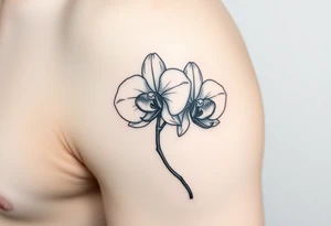 A delicate, black and white fine-line tattoo for make, featuring a gracefully detailed orchid stem with two flowers in full bloom, with soft, intricate petals and elegant curves tattoo idea