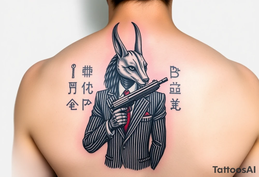 "Anubis in a 1920s gangster pinstripe suit, holding a tommy gun. His jackal head is half-cyborg (exposed circuits). Hieroglyph background spells 'BTC TO THE MOON'.  

Style: Art Deco meets cyber-Egyptian. Black/red/gold ink. Forearm sleeve." tattoo idea