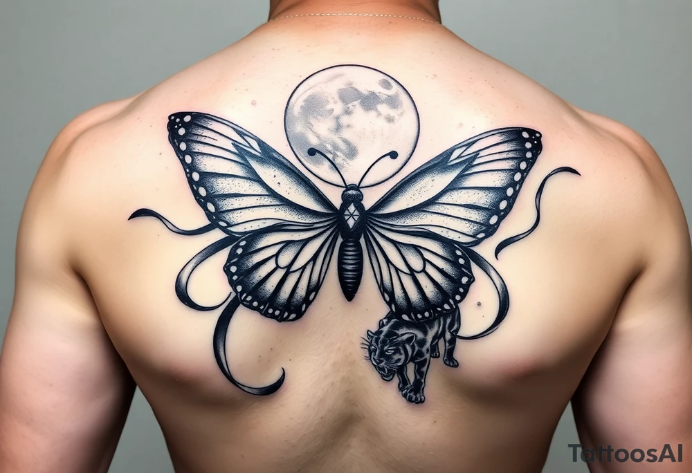 ethereal butterfly with flowing silk ribbons in moonlight with panther tattoo idea